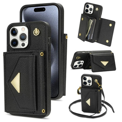 For iPhone 15 Pro Max Case Shockproof PU Leather+TPU Shell with Card Bag + Shoulder Strap