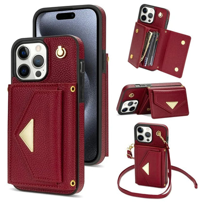 For iPhone 15 Pro Max Case Shockproof PU Leather+TPU Shell with Card Bag + Shoulder Strap