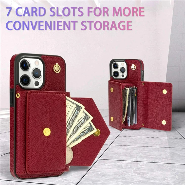For iPhone 15 Pro Max Case Shockproof PU Leather+TPU Shell with Card Bag + Shoulder Strap