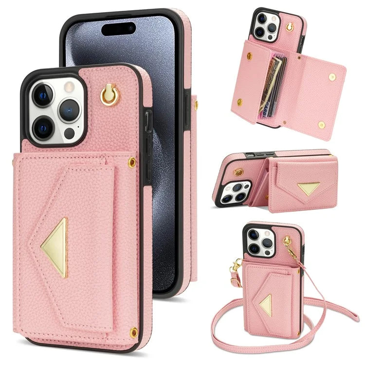 For iPhone 15 Pro Max Case Shockproof PU Leather+TPU Shell with Card Bag + Shoulder Strap
