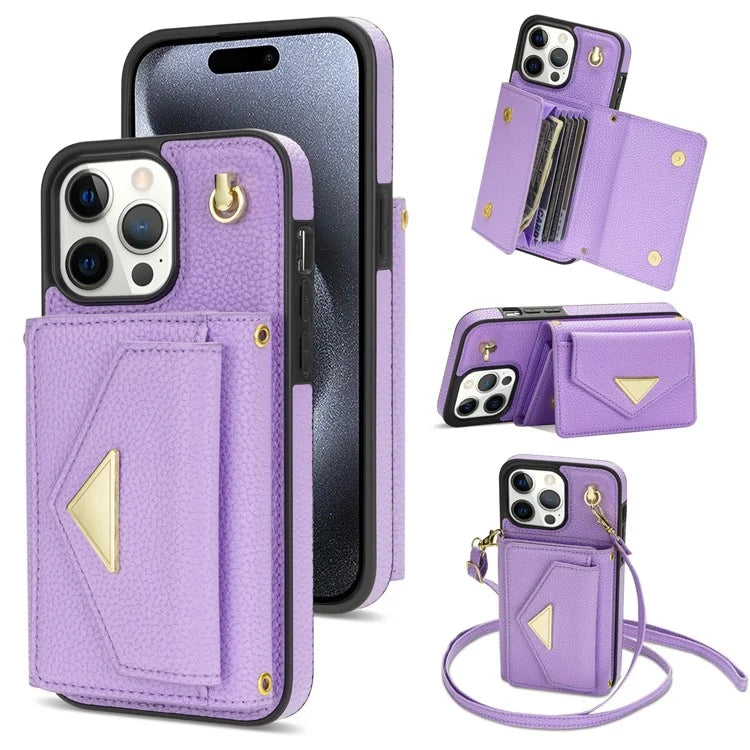 For iPhone 15 Pro Max Case Shockproof PU Leather+TPU Shell with Card Bag + Shoulder Strap