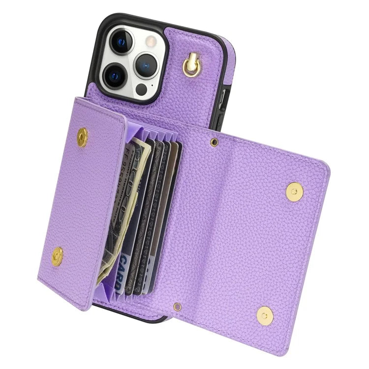 For iPhone 15 Pro Max Case Shockproof PU Leather+TPU Shell with Card Bag + Shoulder Strap