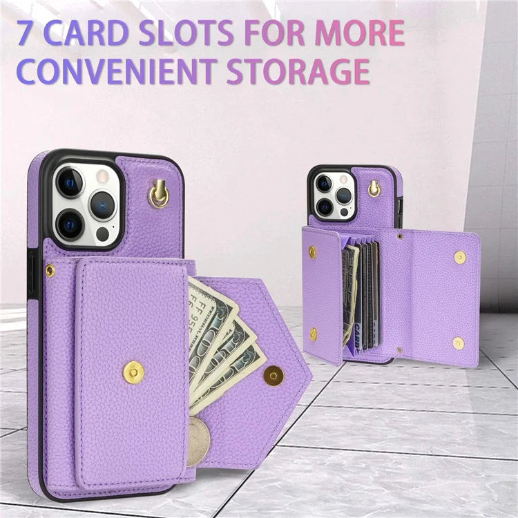 For iPhone 15 Pro Max Case Shockproof PU Leather+TPU Shell with Card Bag + Shoulder Strap