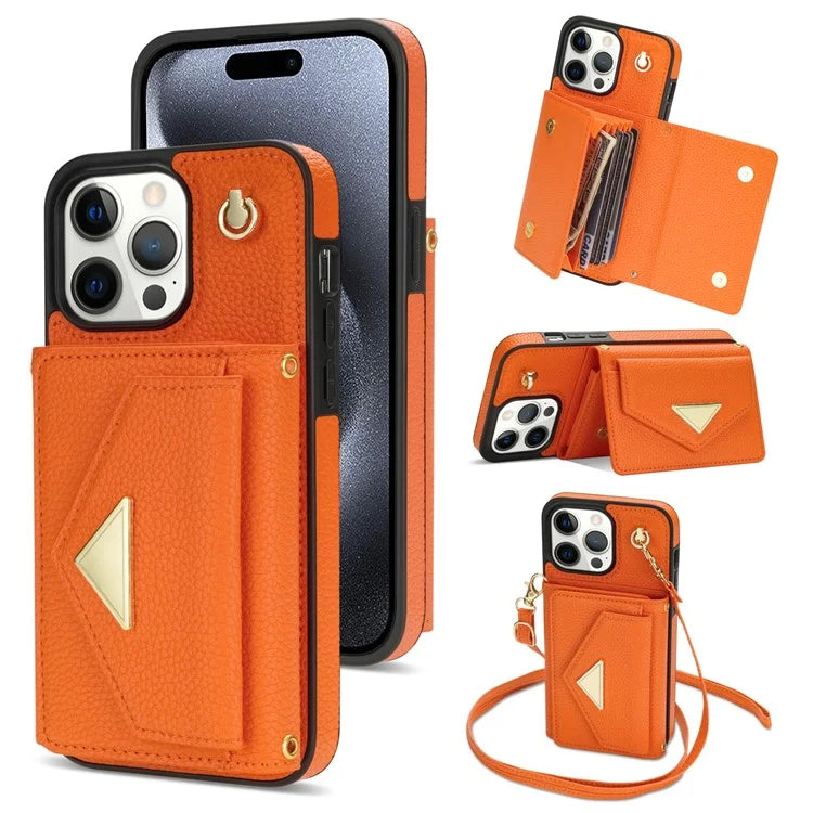 For iPhone 15 Pro Max Case Shockproof PU Leather+TPU Shell with Card Bag + Shoulder Strap
