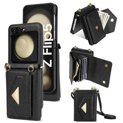 For Samsung Galaxy Z Flip5 5G Case Card Bag Design Leather+PC Cover with Shoulder Strap