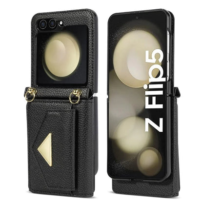 For Samsung Galaxy Z Flip5 5G Case Card Bag Design Leather+PC Cover with Shoulder Strap