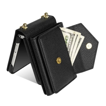 For Samsung Galaxy Z Flip5 5G Case Card Bag Design Leather+PC Cover with Shoulder Strap