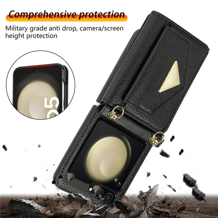 For Samsung Galaxy Z Flip5 5G Case Card Bag Design Leather+PC Cover with Shoulder Strap