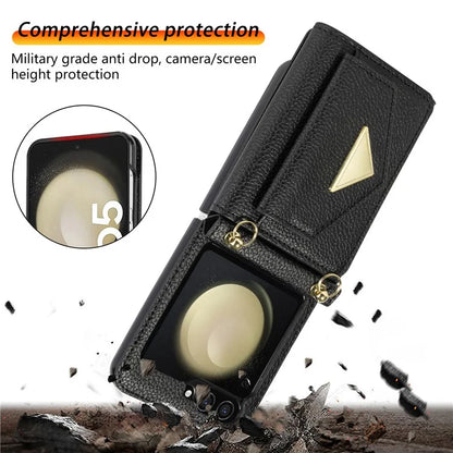 For Samsung Galaxy Z Flip5 5G Case Card Bag Design Leather+PC Cover with Shoulder Strap
