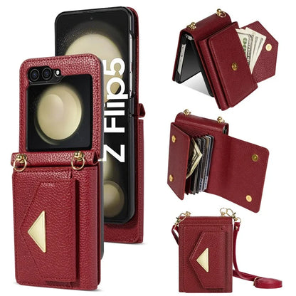 For Samsung Galaxy Z Flip5 5G Case Card Bag Design Leather+PC Cover with Shoulder Strap