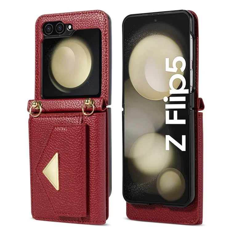 For Samsung Galaxy Z Flip5 5G Case Card Bag Design Leather+PC Cover with Shoulder Strap
