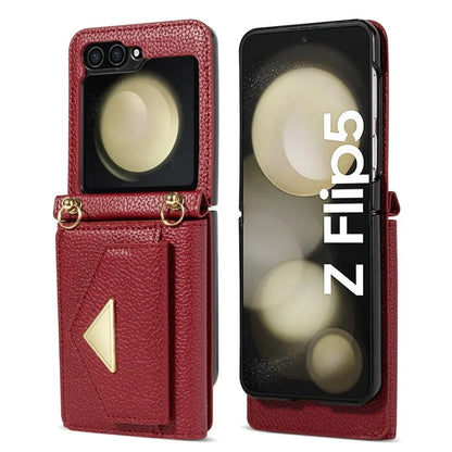 For Samsung Galaxy Z Flip5 5G Case Card Bag Design Leather+PC Cover with Shoulder Strap