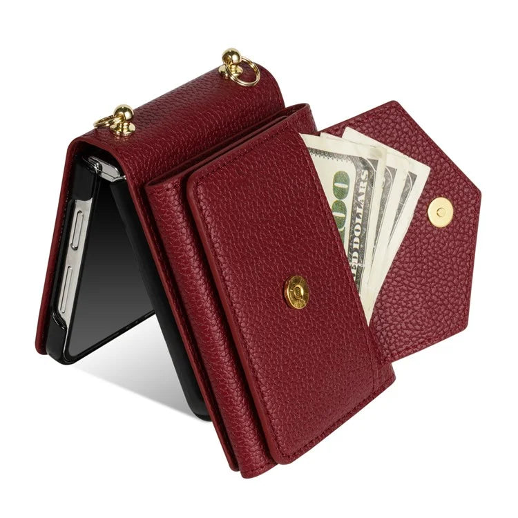 For Samsung Galaxy Z Flip5 5G Case Card Bag Design Leather+PC Cover with Shoulder Strap