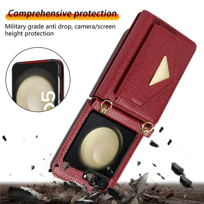 For Samsung Galaxy Z Flip5 5G Case Card Bag Design Leather+PC Cover with Shoulder Strap