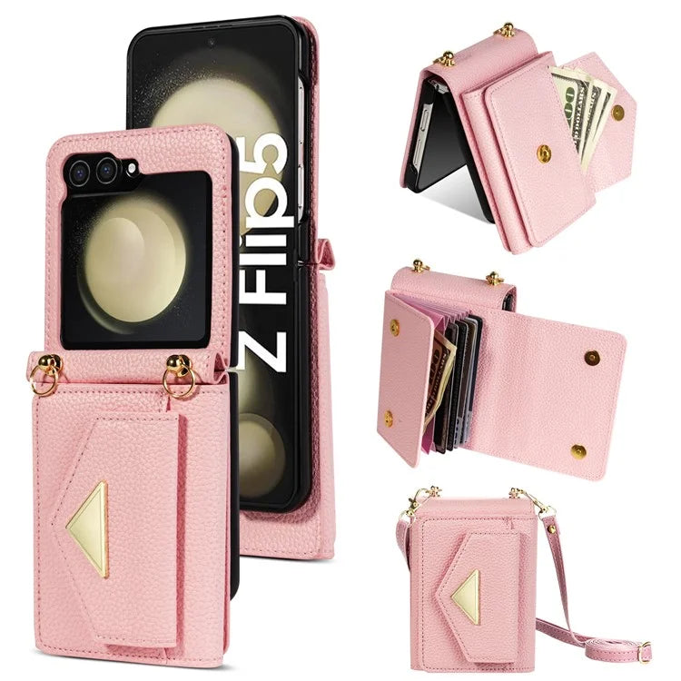 For Samsung Galaxy Z Flip5 5G Case Card Bag Design Leather+PC Cover with Shoulder Strap