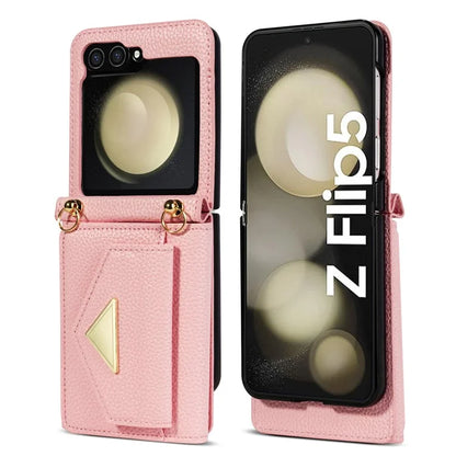 For Samsung Galaxy Z Flip5 5G Case Card Bag Design Leather+PC Cover with Shoulder Strap
