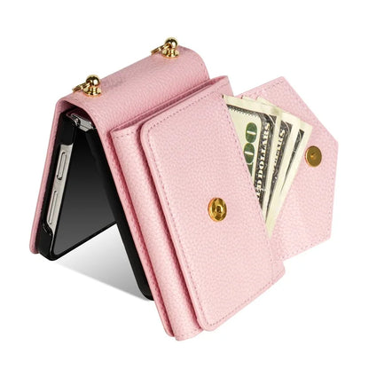 For Samsung Galaxy Z Flip5 5G Case Card Bag Design Leather+PC Cover with Shoulder Strap