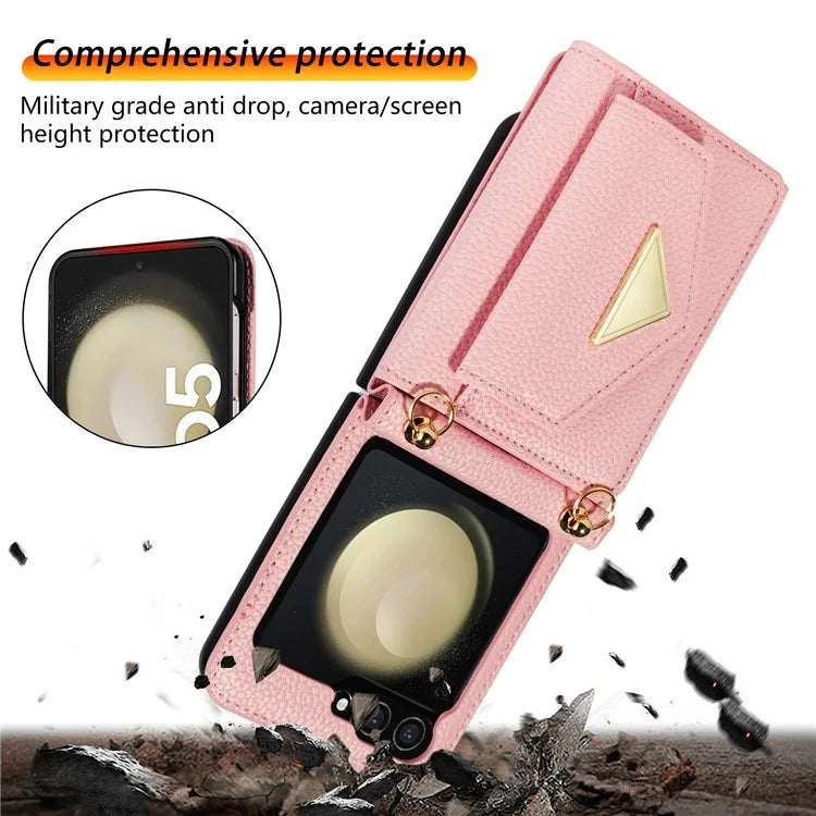 For Samsung Galaxy Z Flip5 5G Case Card Bag Design Leather+PC Cover with Shoulder Strap