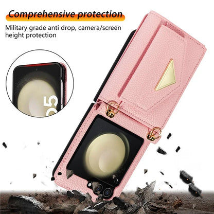 For Samsung Galaxy Z Flip5 5G Case Card Bag Design Leather+PC Cover with Shoulder Strap