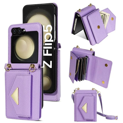For Samsung Galaxy Z Flip5 5G Case Card Bag Design Leather+PC Cover with Shoulder Strap