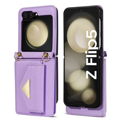 For Samsung Galaxy Z Flip5 5G Case Card Bag Design Leather+PC Cover with Shoulder Strap