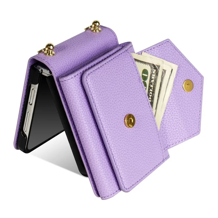 For Samsung Galaxy Z Flip5 5G Case Card Bag Design Leather+PC Cover with Shoulder Strap