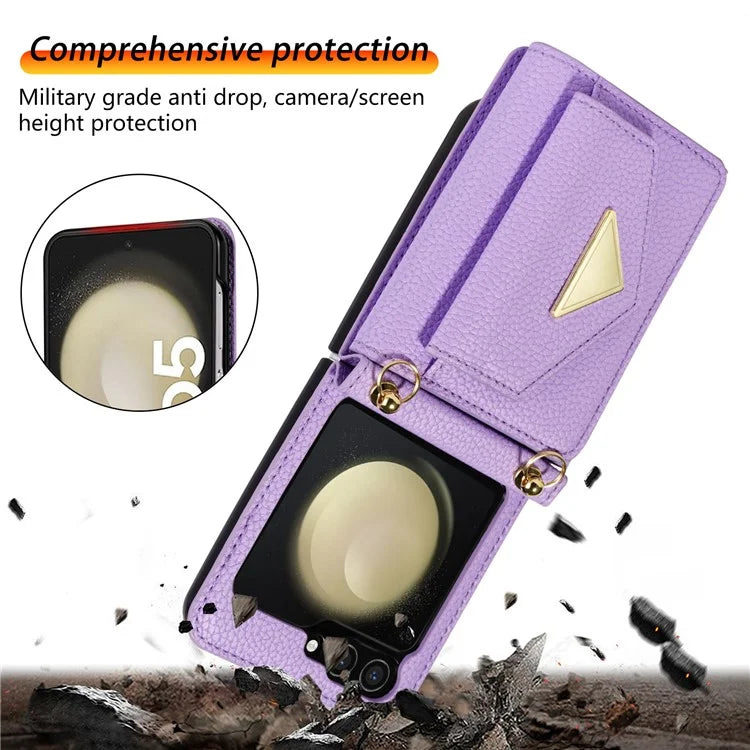 For Samsung Galaxy Z Flip5 5G Case Card Bag Design Leather+PC Cover with Shoulder Strap