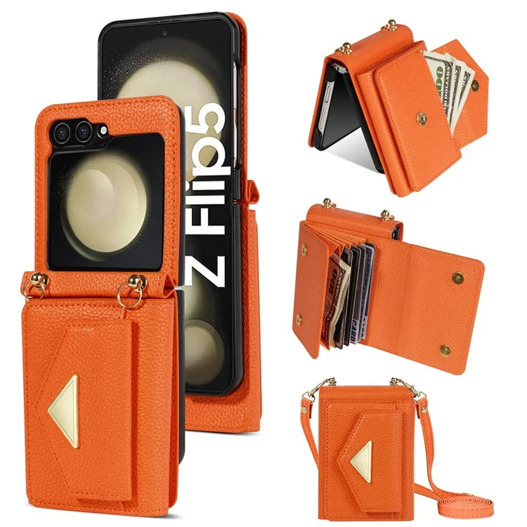 For Samsung Galaxy Z Flip5 5G Case Card Bag Design Leather+PC Cover with Shoulder Strap