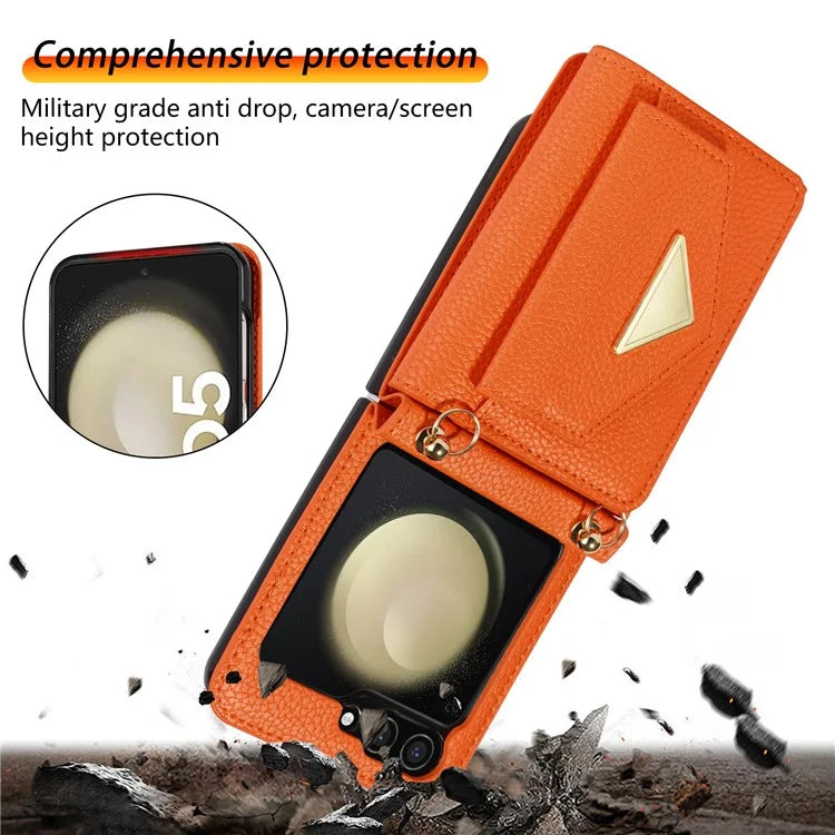 For Samsung Galaxy Z Flip5 5G Case Card Bag Design Leather+PC Cover with Shoulder Strap