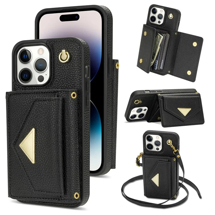 For iPhone 14 Pro Max Case Drop Proof PU Leather+TPU Shell with Card Bag + Shoulder Strap