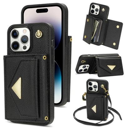 For iPhone 14 Pro Max Case Drop Proof PU Leather+TPU Shell with Card Bag + Shoulder Strap