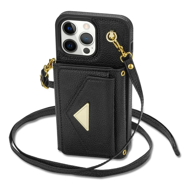 For iPhone 14 Pro Max Case Drop Proof PU Leather+TPU Shell with Card Bag + Shoulder Strap
