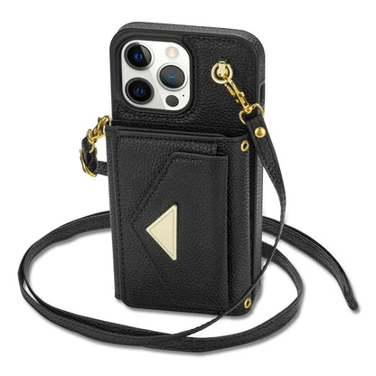 For iPhone 14 Pro Max Case Drop Proof PU Leather+TPU Shell with Card Bag + Shoulder Strap