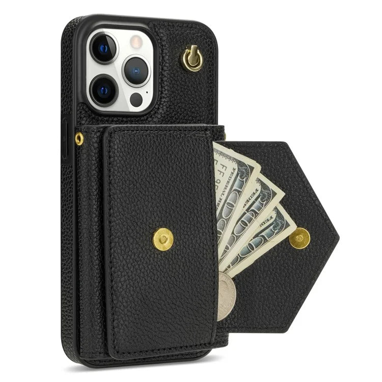 For iPhone 14 Pro Max Case Drop Proof PU Leather+TPU Shell with Card Bag + Shoulder Strap