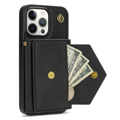 For iPhone 14 Pro Max Case Drop Proof PU Leather+TPU Shell with Card Bag + Shoulder Strap