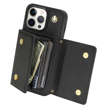 For iPhone 14 Pro Max Case Drop Proof PU Leather+TPU Shell with Card Bag + Shoulder Strap