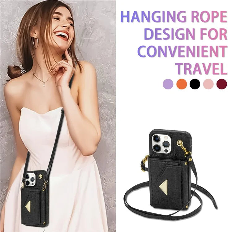 For iPhone 14 Pro Max Case Drop Proof PU Leather+TPU Shell with Card Bag + Shoulder Strap
