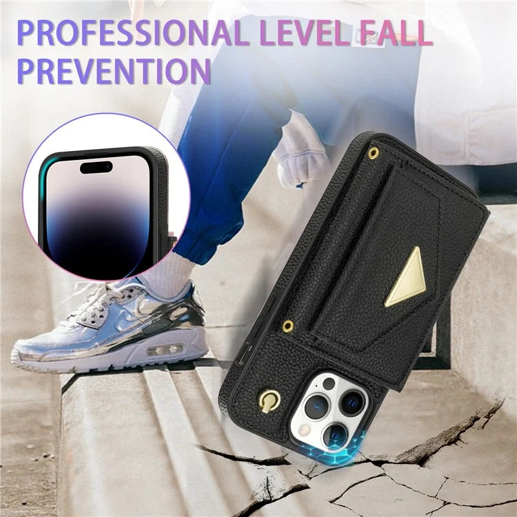 For iPhone 14 Pro Max Case Drop Proof PU Leather+TPU Shell with Card Bag + Shoulder Strap