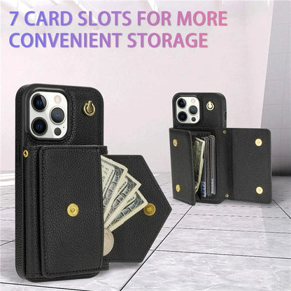 For iPhone 14 Pro Max Case Drop Proof PU Leather+TPU Shell with Card Bag + Shoulder Strap