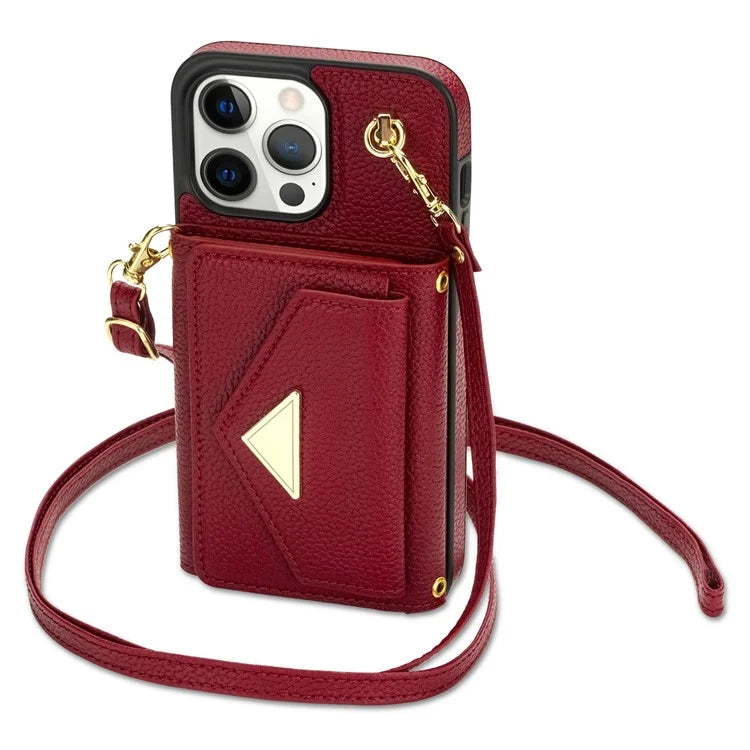 For iPhone 14 Pro Max Case Drop Proof PU Leather+TPU Shell with Card Bag + Shoulder Strap