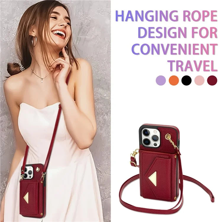 For iPhone 14 Pro Max Case Drop Proof PU Leather+TPU Shell with Card Bag + Shoulder Strap