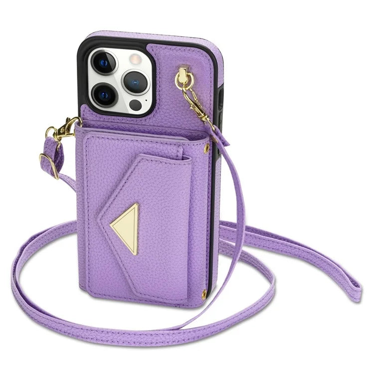 For iPhone 14 Pro Max Case Drop Proof PU Leather+TPU Shell with Card Bag + Shoulder Strap