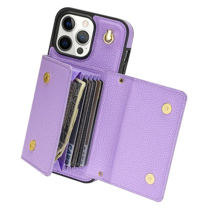 For iPhone 14 Pro Max Case Drop Proof PU Leather+TPU Shell with Card Bag + Shoulder Strap