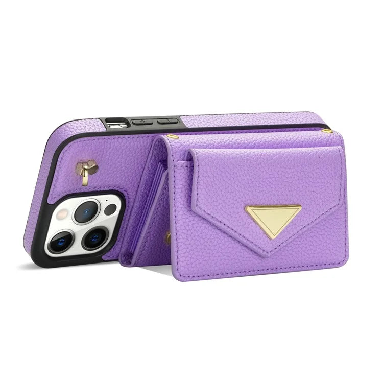 For iPhone 14 Pro Max Case Drop Proof PU Leather+TPU Shell with Card Bag + Shoulder Strap