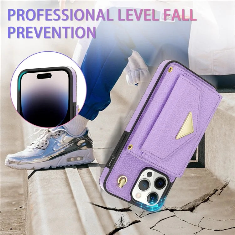 For iPhone 14 Pro Max Case Drop Proof PU Leather+TPU Shell with Card Bag + Shoulder Strap