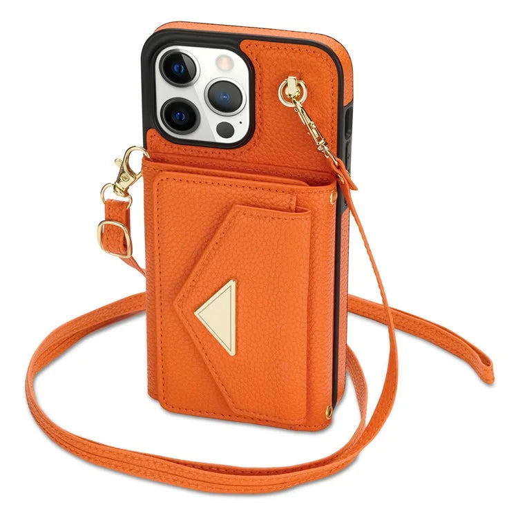 For iPhone 14 Pro Max Case Drop Proof PU Leather+TPU Shell with Card Bag + Shoulder Strap