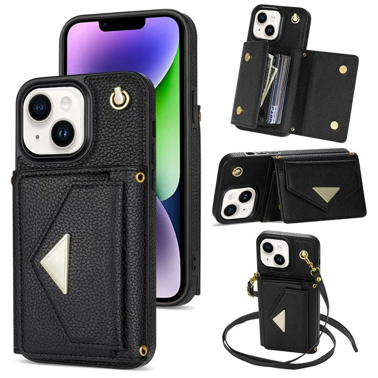 For iPhone 14 Case Card Bag Scratch Resistant Leather+TPU Cover with Shoulder Strap