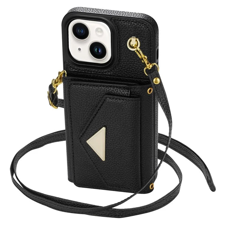 For iPhone 14 Case Card Bag Scratch Resistant Leather+TPU Cover with Shoulder Strap