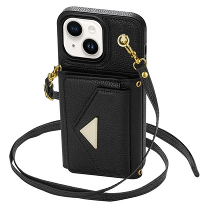 For iPhone 14 Case Card Bag Scratch Resistant Leather+TPU Cover with Shoulder Strap