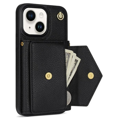 For iPhone 14 Case Card Bag Scratch Resistant Leather+TPU Cover with Shoulder Strap